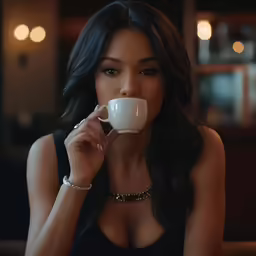 a woman is eating and drinking from a cup