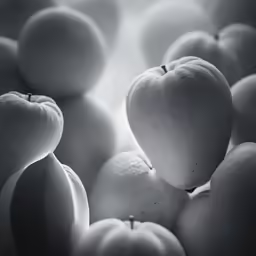 black and white photo of a group of apples