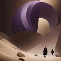 three men in a large artistically colored desert landscape