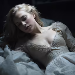 a young lady is laying in bed, posing for a picture