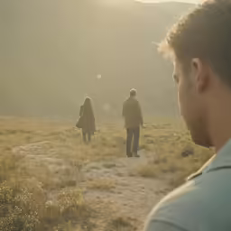 two people standing on an open field in front of a mountain