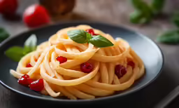 an image of spaghetti on a black plate