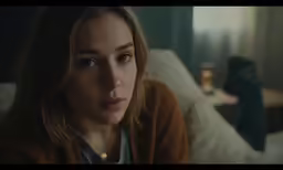 woman staring intently at camera in bed
