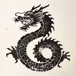 an asian dragon with long, black wings and the number six on it