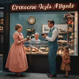 a man is standing at the counter of a bakery holding his hand out to an old woman
