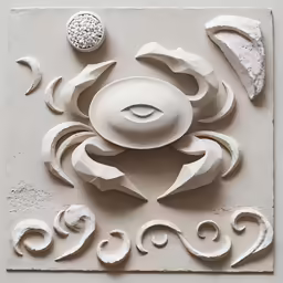 a square sculpture with white designs on the side