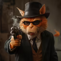 a cat dressed in a suit and hat holds a gun and smoke