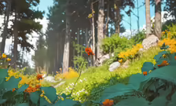 red flower in middle of meadow near trees