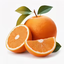 sliced oranges with leaf against white background