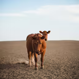 two cows stand in the middle of a dirt field
