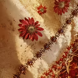 the lady bug is crawling beside the red flower