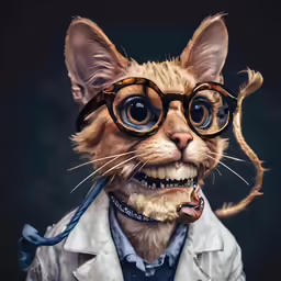 the head of a kitten with a suit, hat and glasses