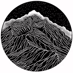 mountain and sky are shown in this illustration,an abstract landscape with mountains and stars in the sky