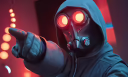 a man with a gas mask pointing to something
