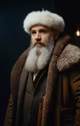 a bearded man with a fluffy white hat and fur coat