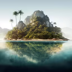 a deserted island surrounded by palm trees and low hanging vegetation