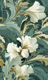white flowers on green background with gold accents