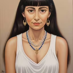 a painting of a woman with dark hair and beads on her necklace,a painting of a young lady with long dark hair,a painting of a young woman wearing necklaces and earrings,a woman is wearing blue beads while in a white dress,a painting of a beautiful young lady wearing a necklace and earrings