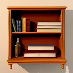 the shelf on the wall has several books and an ink bottle,two books on a book shelf against a wall,a book case with several books and other items on the shelves,three books sit on a shelf in front of a wall,the book shelf is brown and has many books on it