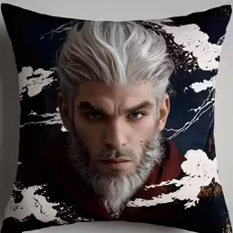 an pillow with a portrait of a bearded man