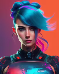 a close up of a person with colored hair and makeup,a female wearing an unusual outfit and hair