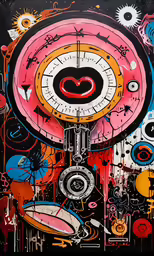 an abstract artwork with bright colors of red, white and blue