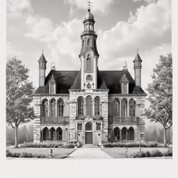 the front of a building with a clock and tower