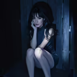 an elegantly dressed woman in high heels sits against a wooden panel