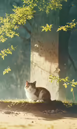 a cat sitting on the ground near a tree