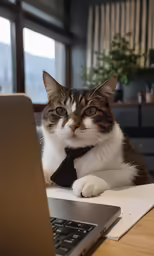 a cat laying on the table and wearing a tie