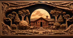 this is a carving of a country house,an artistic view of a building in the distance