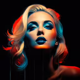 a woman with an evil make - up in blue and red makeup