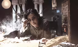a woman is sitting in a destroyed room