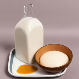 a bottle of milk next to a bowl and a bowl of eggs