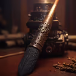 an old fashioned looking camera, a knife and other antique items