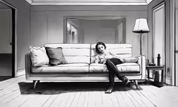 a woman sitting on top of a couch,a woman sitting on top of a couch near a lamp
