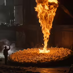 a man standing in front of a burning pizza