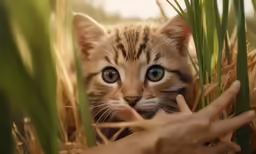 a small kitten sitting in the grass looking at the camera