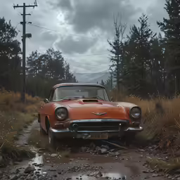 an orange classic car parked on a wet path