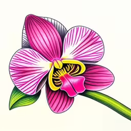 a pink flower on a white background with green leaves,the picture depicts a beautiful flower that has yellow and pink petals