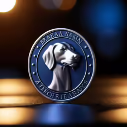 a blue seal with a white dog head