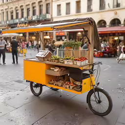 a bicycle cart has food on it, along with other items