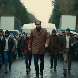 several people walking down the street with cars behind them