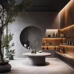 a room with concrete floors and walls that have round light fixtures and shelves holding various vases and plants, there is an entryway way to the