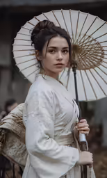 a beautiful young lady in a white kimono holding an umbrella