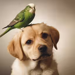 a dog with a bird on his head