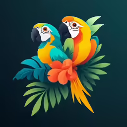 two colorful parrots perched on leaves with flower