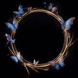 gold circle with blue butterflies surrounding it