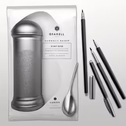 an unopened box with three pens and an object on it