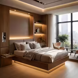 this bedroom has a very large bed and a nice lighting